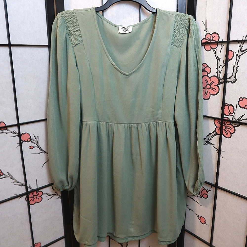 Made With Love Women's Sage Green V Neck Tunic Top Dress